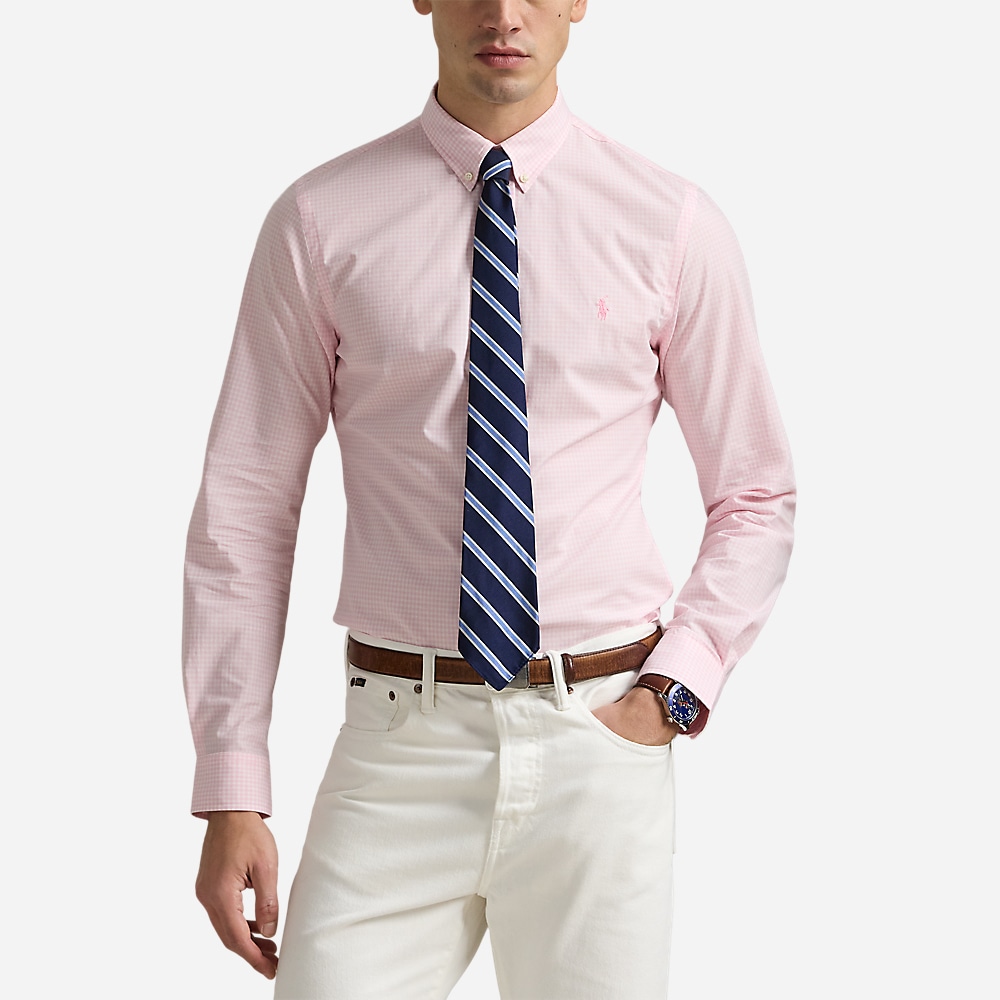 Custom Fit Gingham Stretch Poplin Shirt - Carmel Pink/White