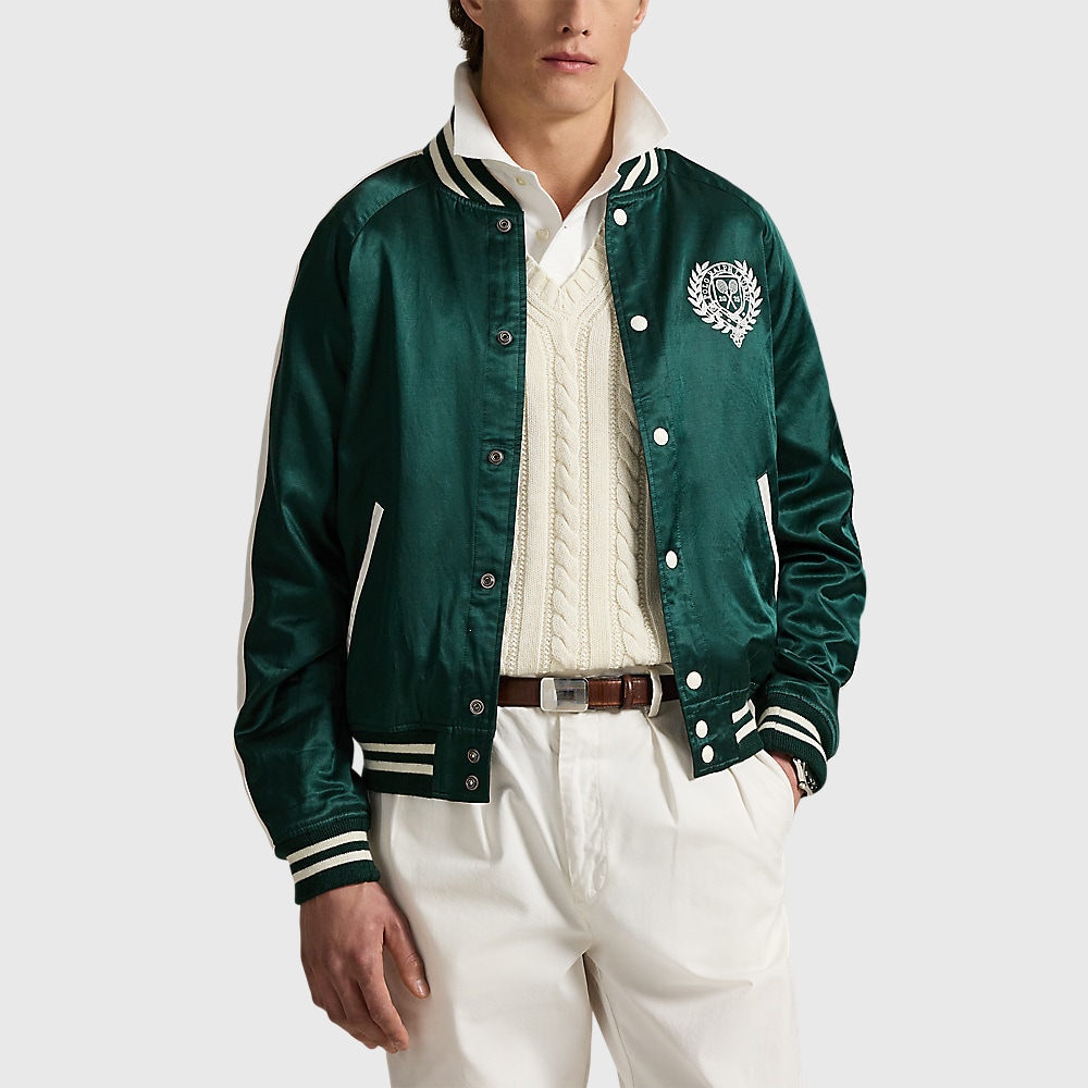 Wimbledon Satin Baseball Jacket - Moss Agate/Deckwash White