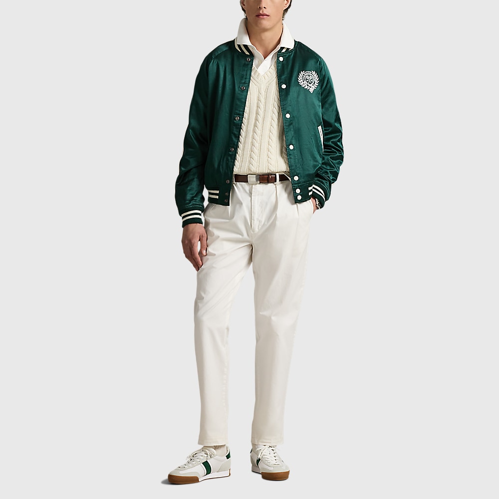 Wimbledon Satin Baseball Jacket - Moss Agate/Deckwash White