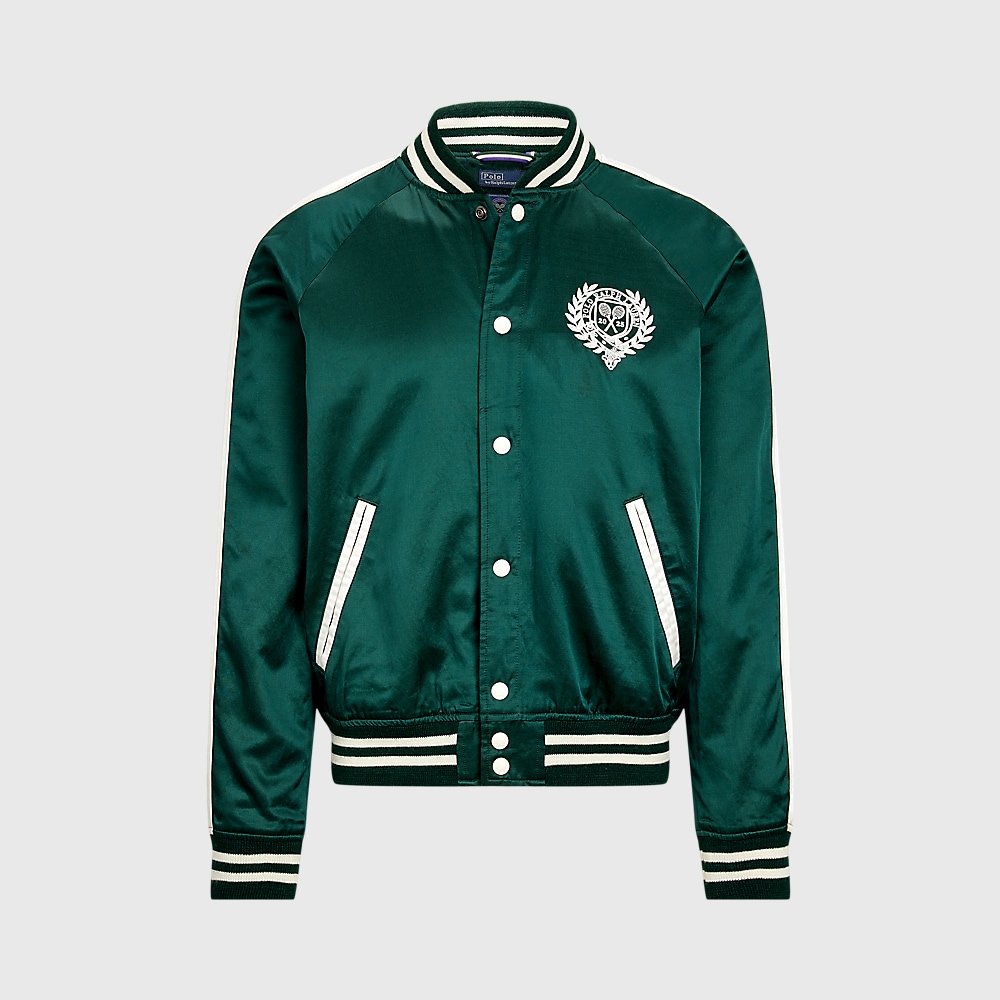 Wimbledon Satin Baseball Jacket - Moss Agate/Deckwash White