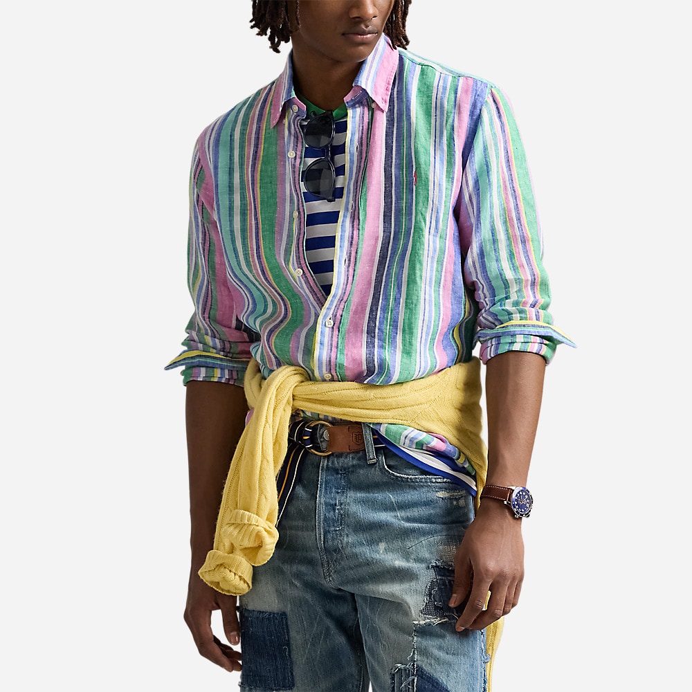 Custom Fit Striped Linen Shirt - Green/Pink Multi