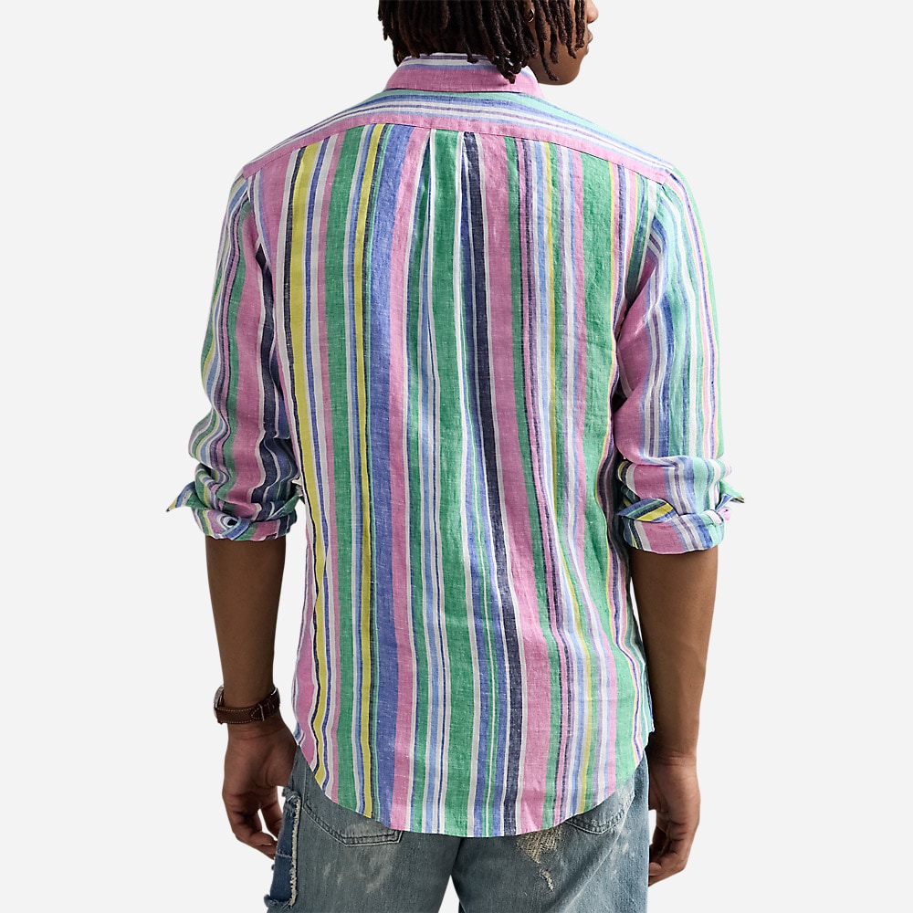 Custom Fit Striped Linen Shirt - Green/Pink Multi