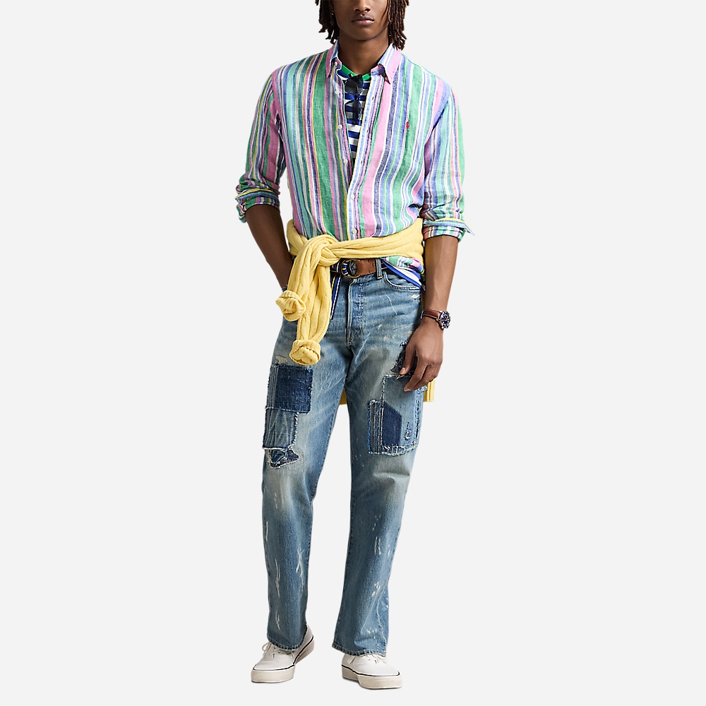 Custom Fit Striped Linen Shirt - Green/Pink Multi