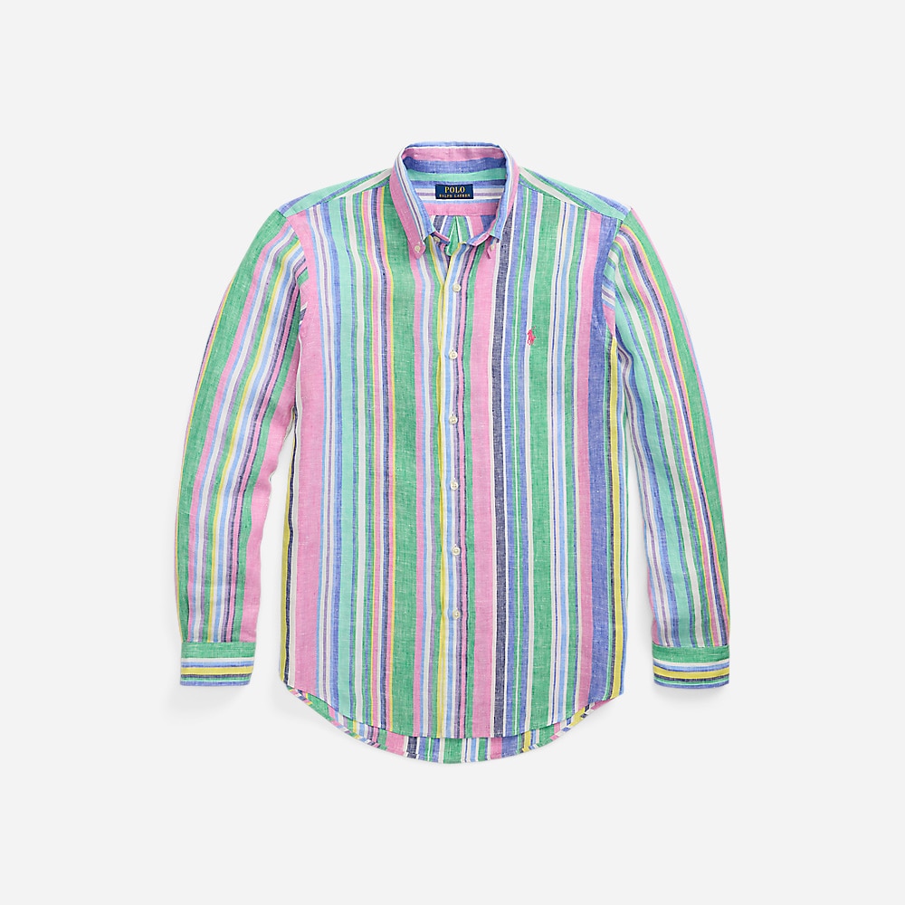 Custom Fit Striped Linen Shirt - Green/Pink Multi
