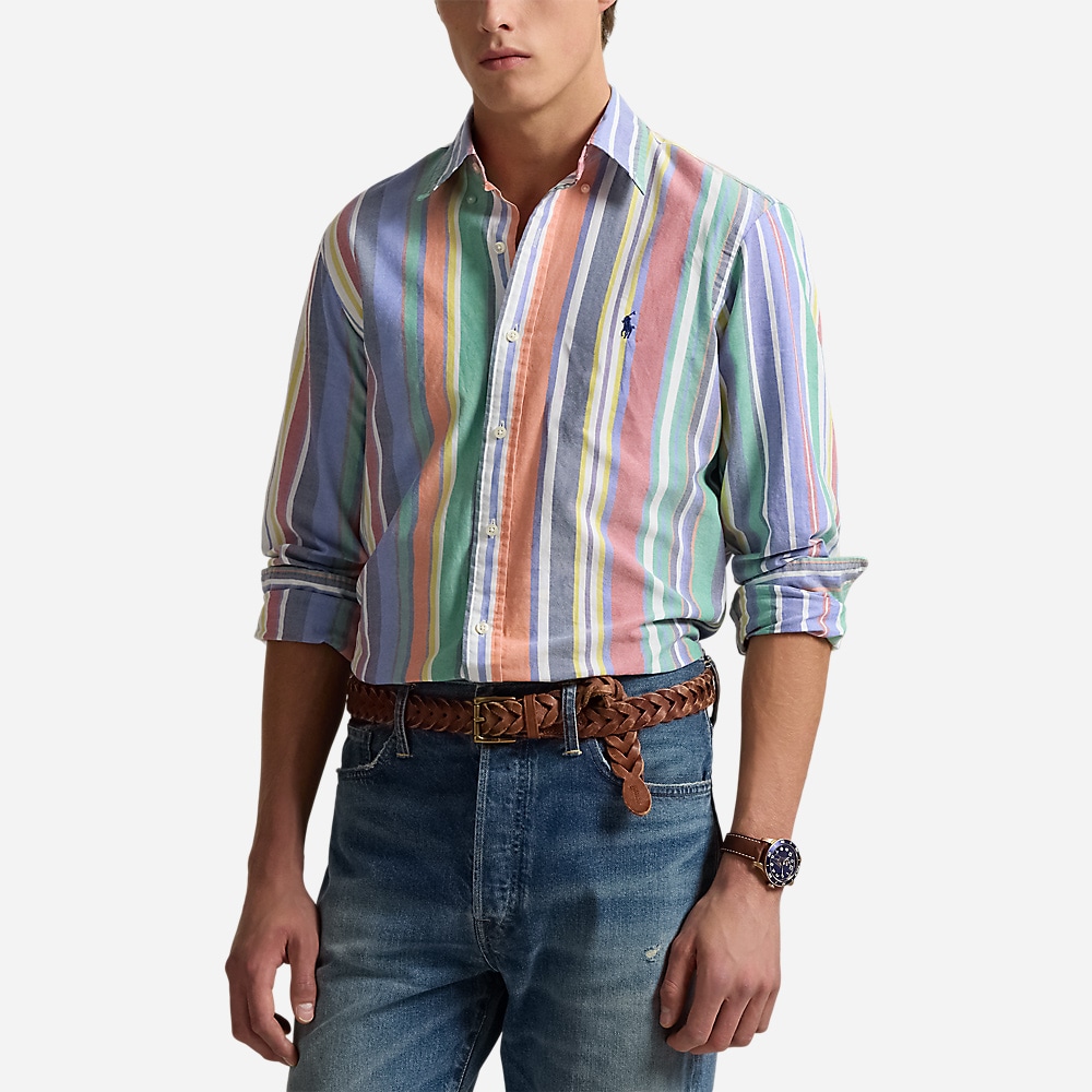 Custom Fit Striped Oxford Shirt - Navy/Red Multi