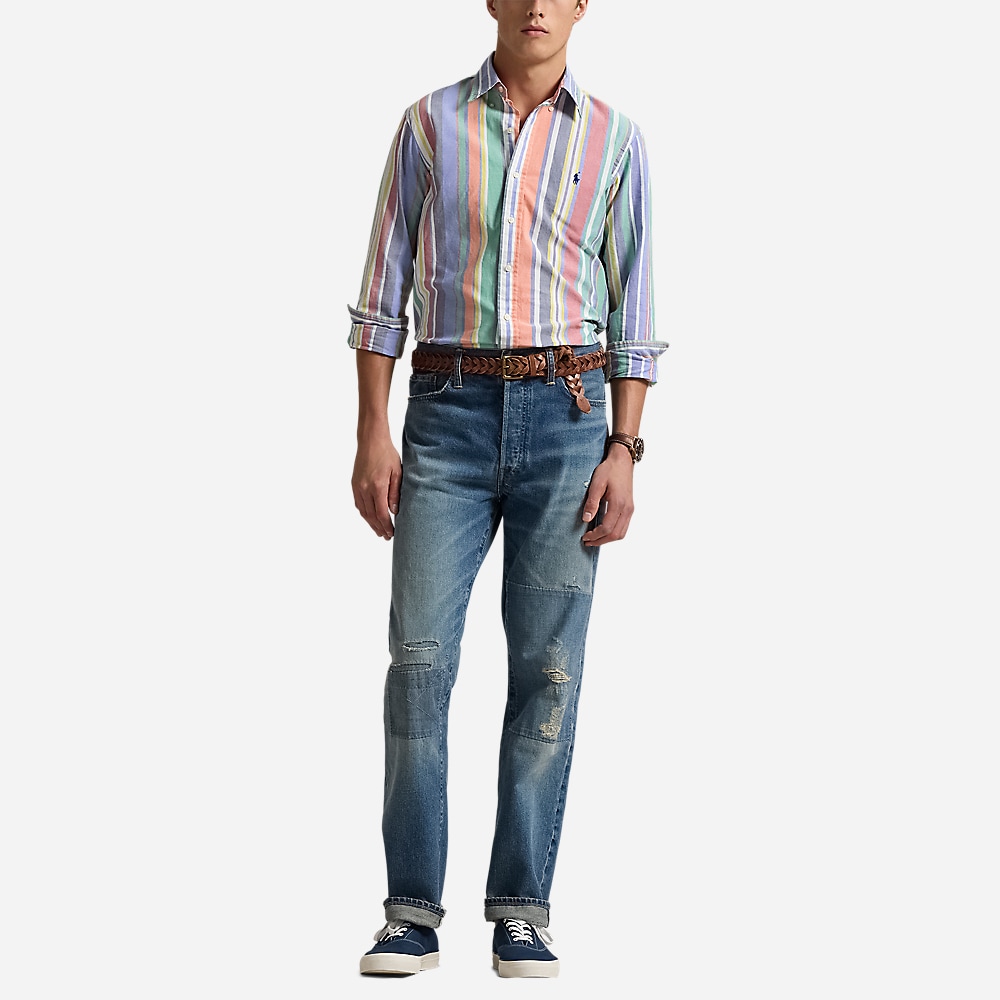Custom Fit Striped Oxford Shirt - Navy/Red Multi
