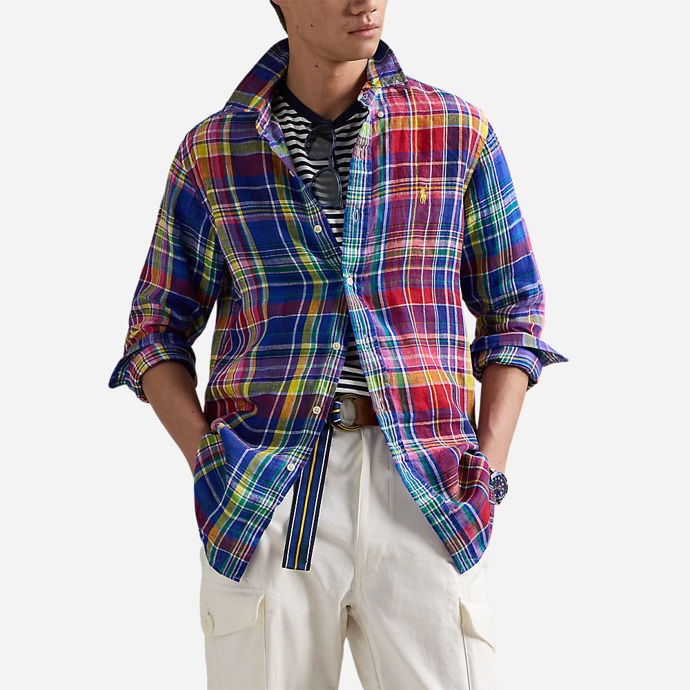Custom Fit Plaid Linen Shirt - Royal/Red Multi