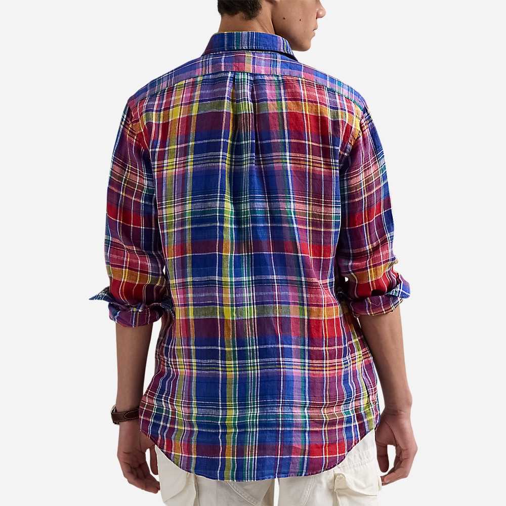 Custom Fit Plaid Linen Shirt - Royal/Red Multi