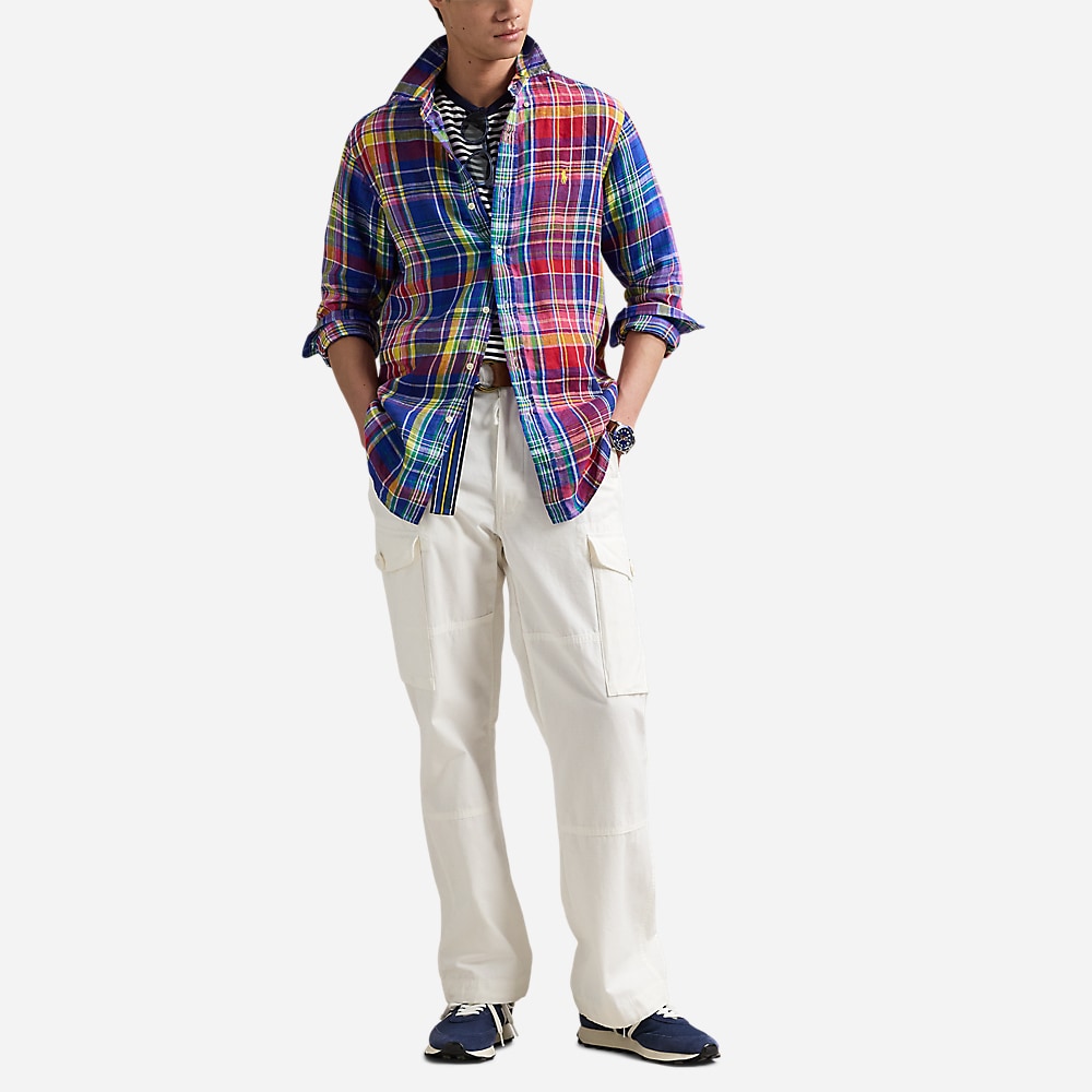 Custom Fit Plaid Linen Shirt - Royal/Red Multi