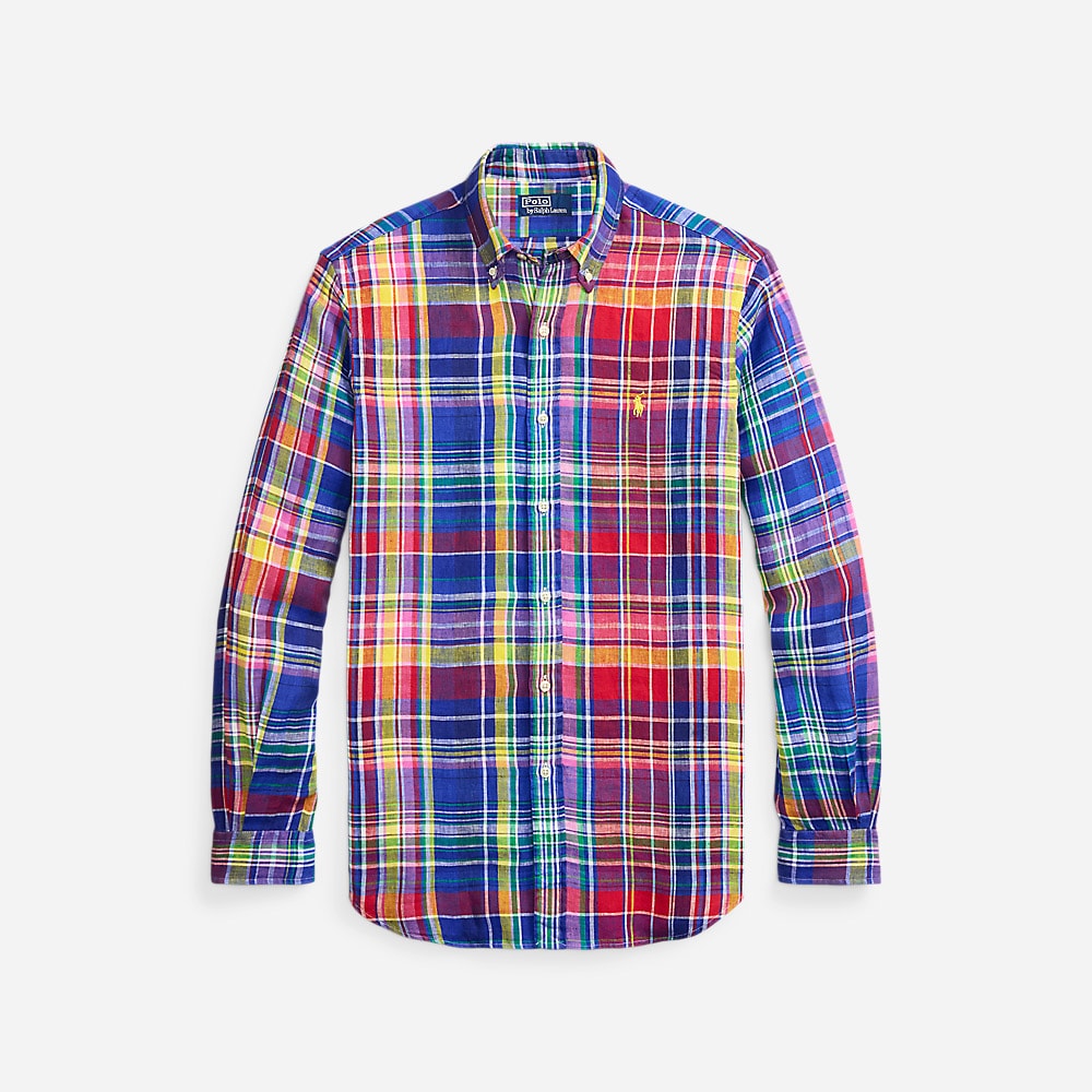 Custom Fit Plaid Linen Shirt - Royal/Red Multi