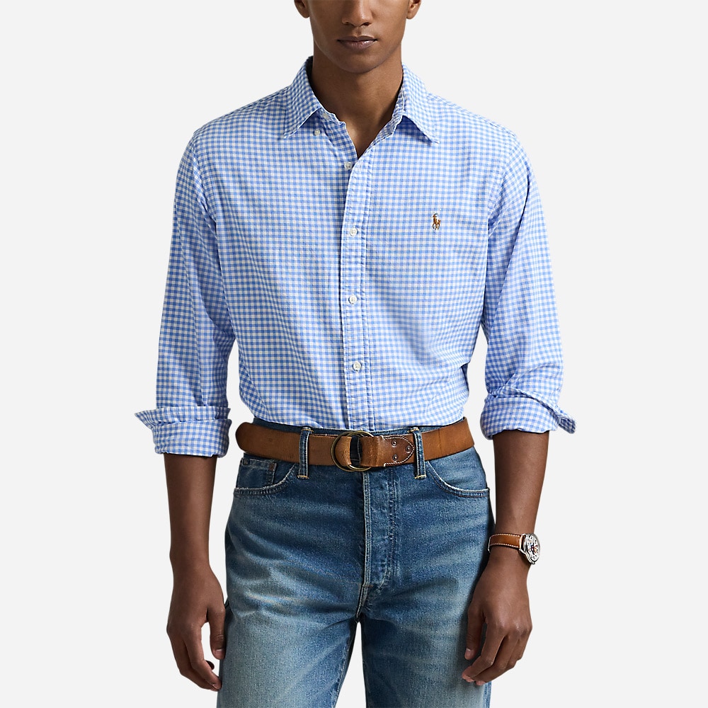 Custom Fit Ginham Oxford Shirt - Light Blue/White