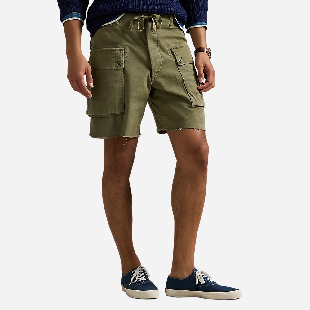 Relaxed Fit Herringbone Cargo Short - Basic Olive