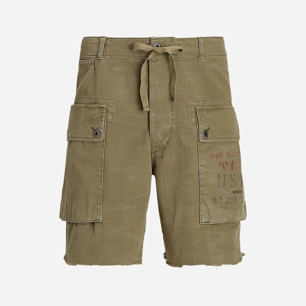 Relaxed Fit Herringbone Cargo Short - Basic Olive
