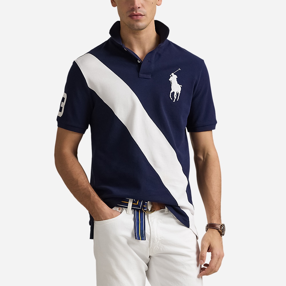 Custom Slim Fit Big Pony Mesh Polo Shirt - Newport Navy/White