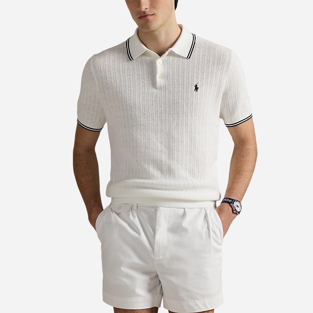 Wimbledon Cotton Polo-Collar Sweater - Ceramic White