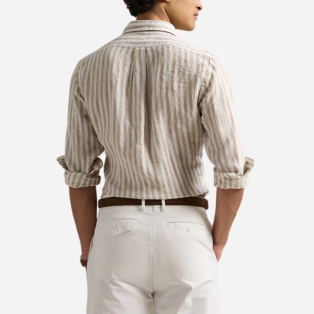 Custom Fit Striped Linen Shirt - Coastal Beige/White