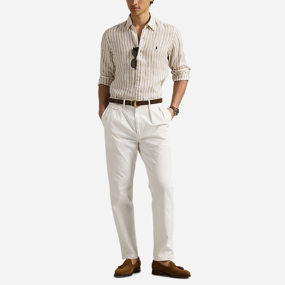 Custom Fit Striped Linen Shirt - Coastal Beige/White