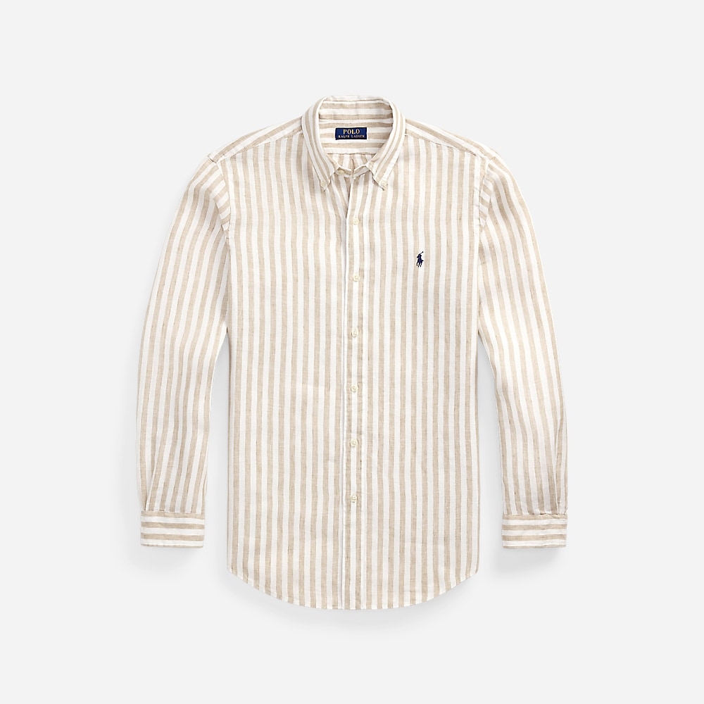 Custom Fit Striped Linen Shirt - Coastal Beige/White