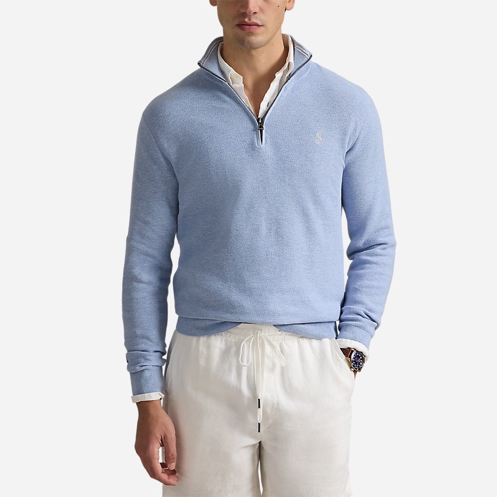 Mesh-Knit Cotton Quarter-Zip Sweater - Blue Hyacinth Hthr