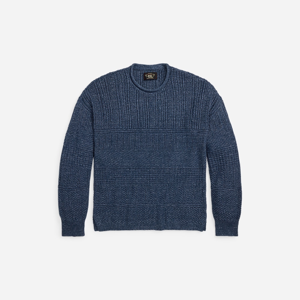 Roll-Neck Cotton-Linen Blend Pullover - Blue Multi