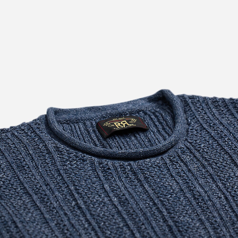 Roll-Neck Cotton-Linen Blend Pullover - Blue Multi