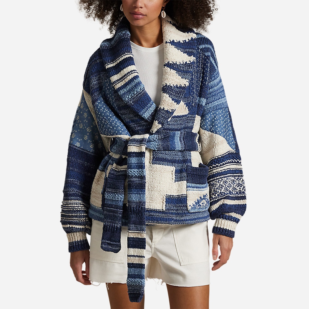 Patchwork-Motif Wrap Cardigan - Blue Multi