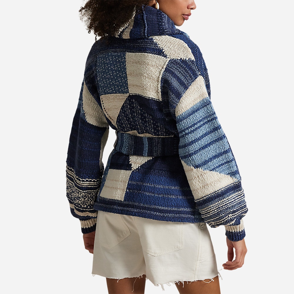 Patchwork-Motif Wrap Cardigan - Blue Multi