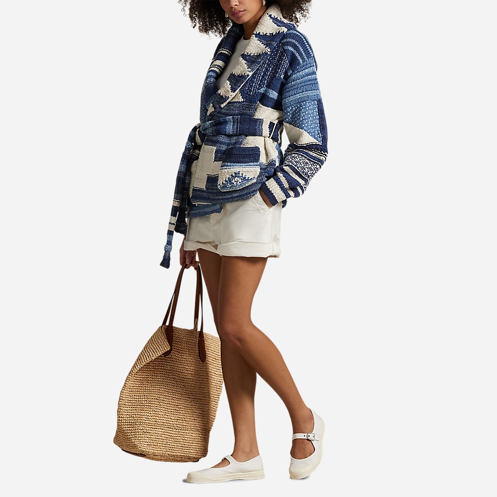 Patchwork-Motif Wrap Cardigan - Blue Multi