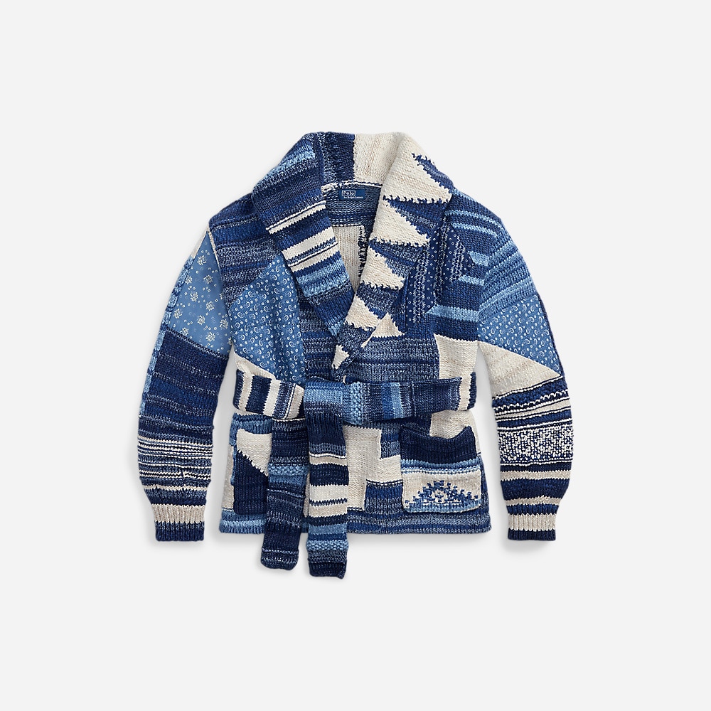 Patchwork-Motif Wrap Cardigan - Blue Multi