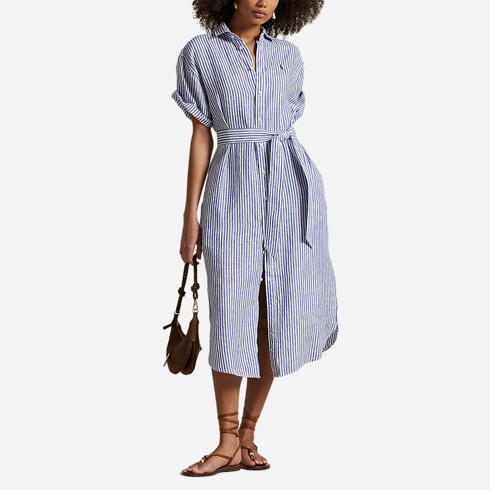 Striped Linen Short-Sleeve Shirtdress - White-Royal