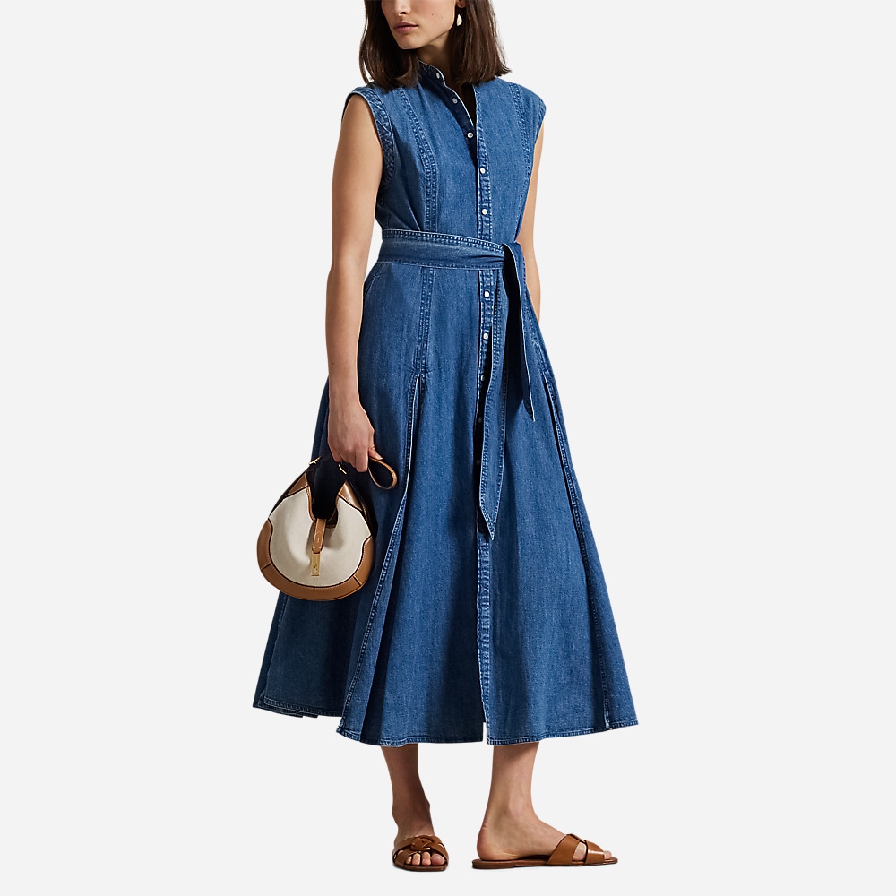 Belted Denim Sleeveless A-Line Dress - Indigo