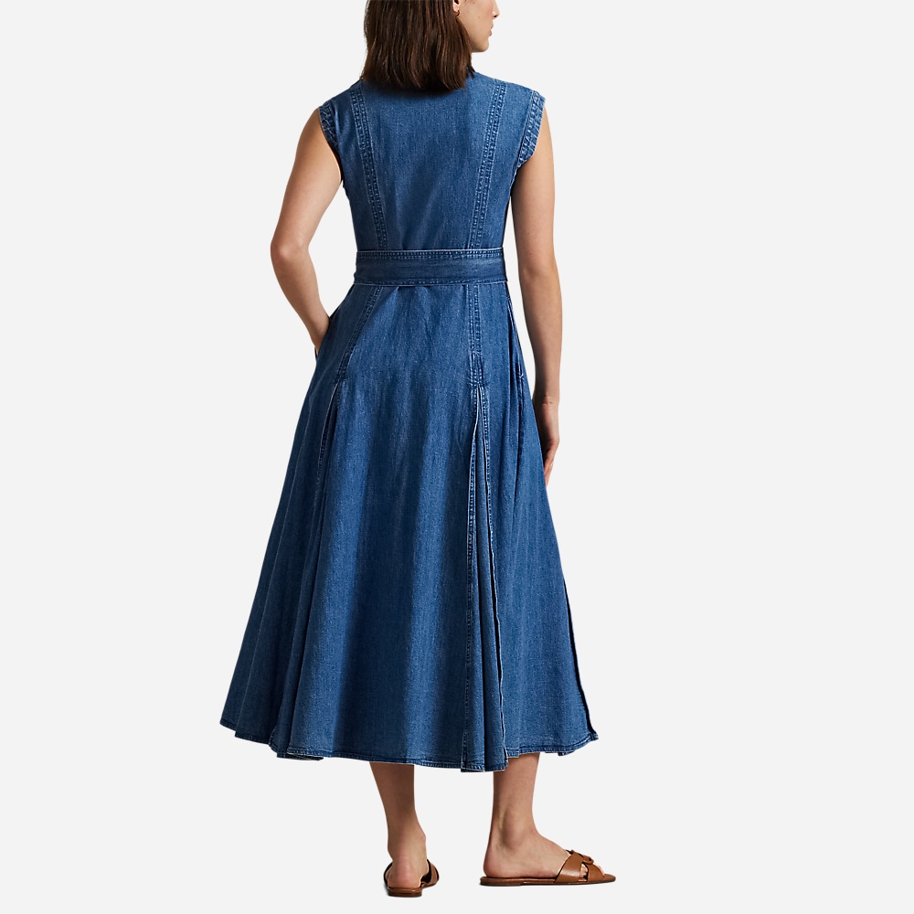 Belted Denim Sleeveless A-Line Dress - Indigo