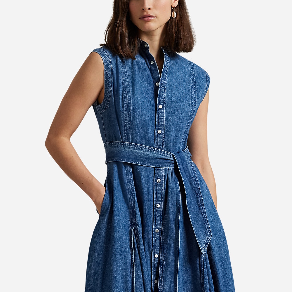 Belted Denim Sleeveless A-Line Dress - Indigo