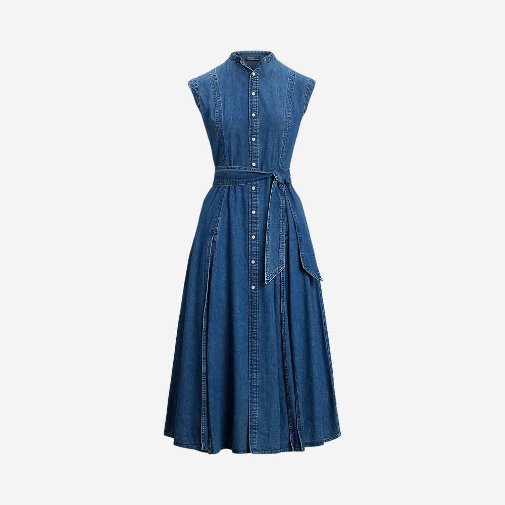 Belted Denim Sleeveless A-Line Dress - Indigo