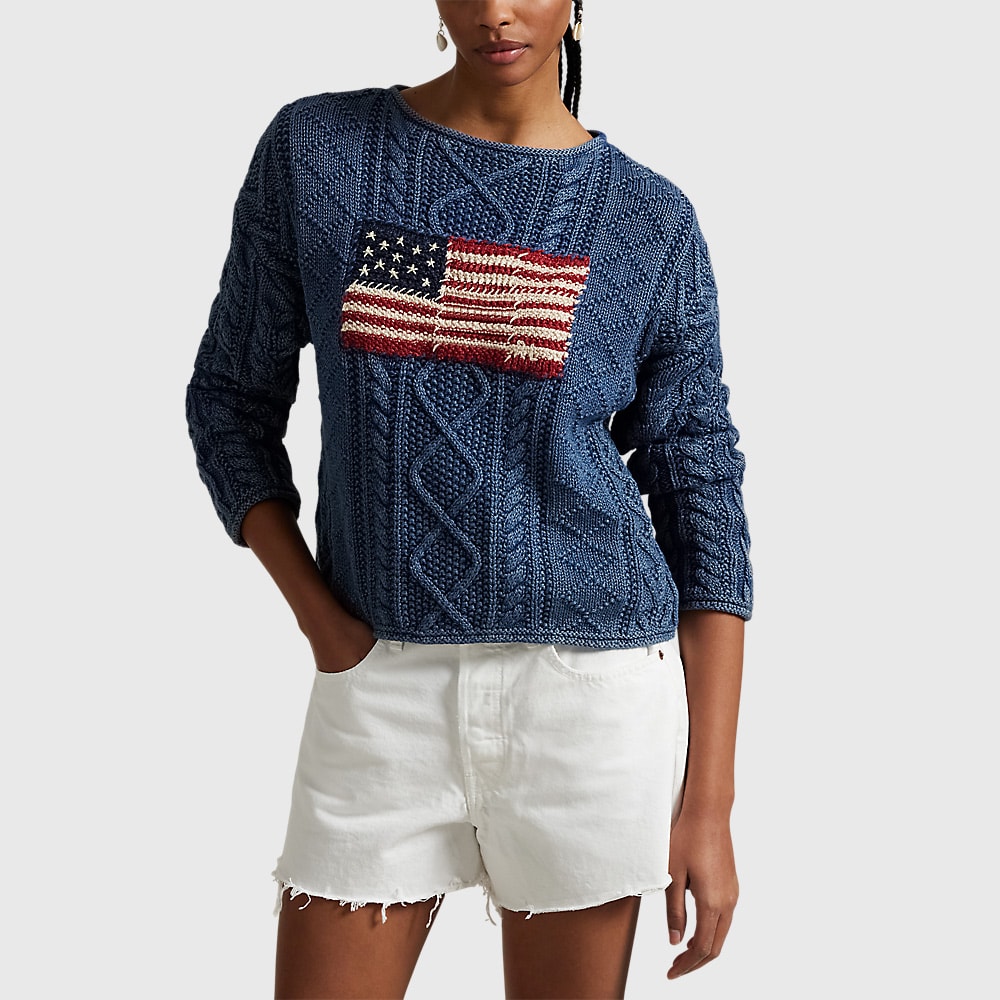 Flag Aran-Knit Cotton Sweater - Indigo/Multi