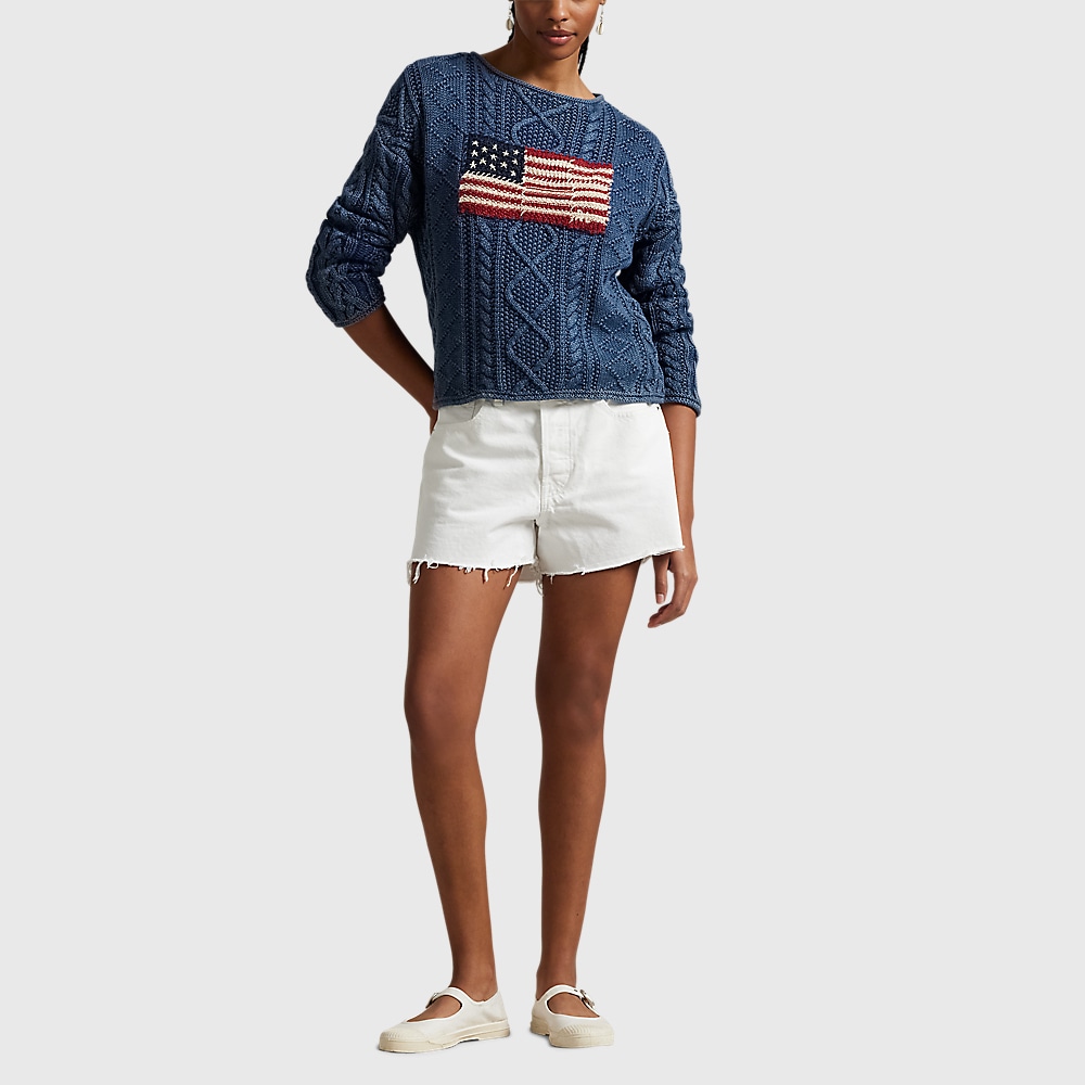 Flag Aran-Knit Cotton Sweater - Indigo/Multi