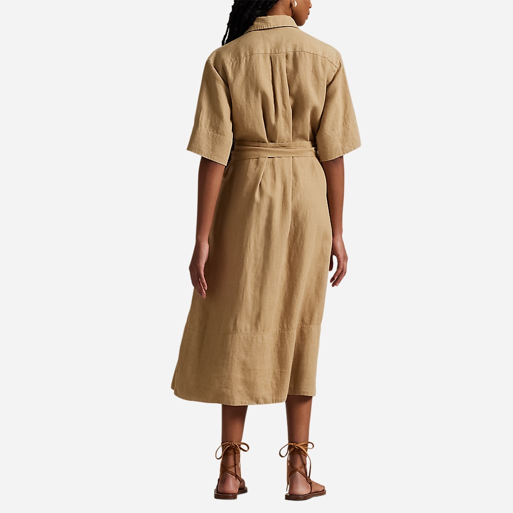 Belted Linen Shirtdress - Camel