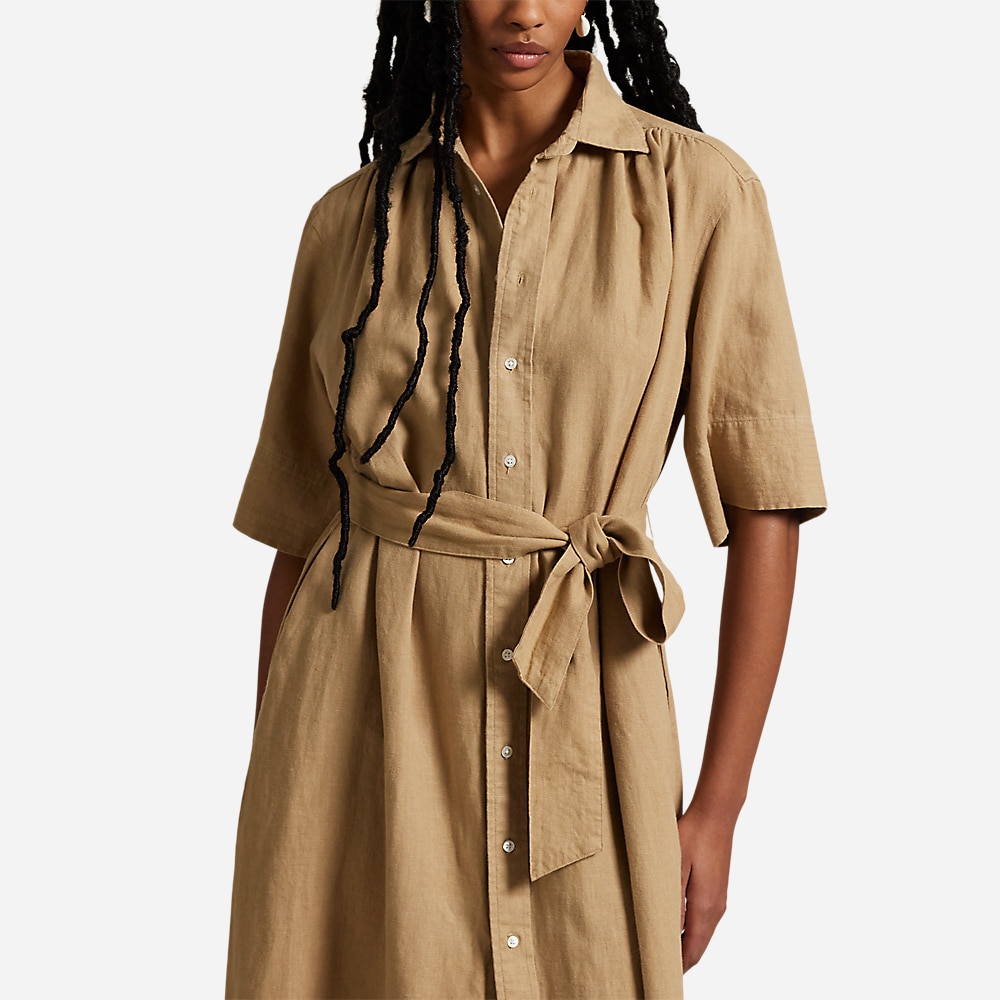 Belted Linen Shirtdress - Camel