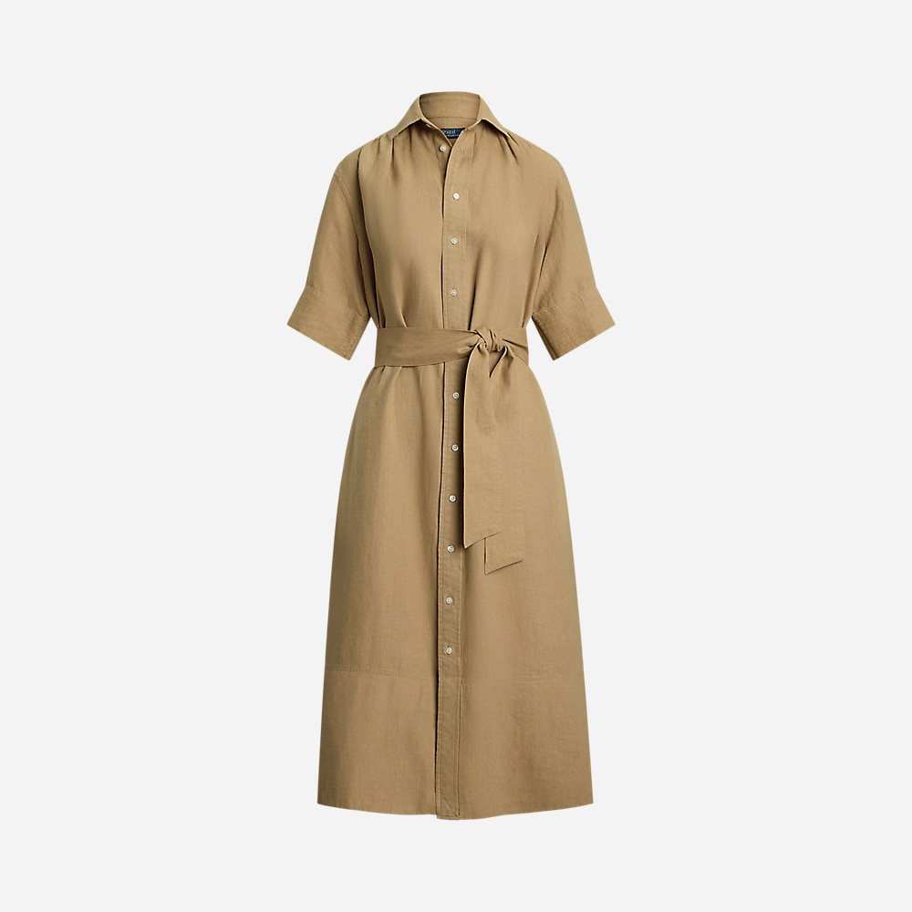 Belted Linen Shirtdress - Camel