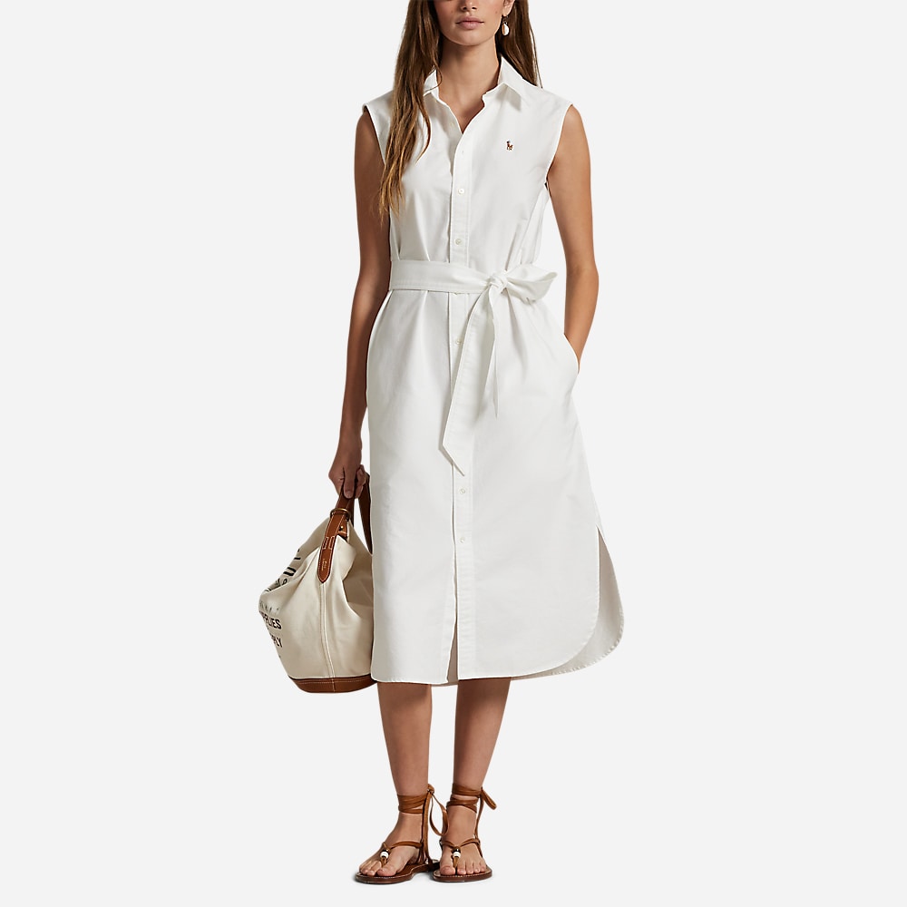 Belted Oxford Sleeveless Shirtdress - White