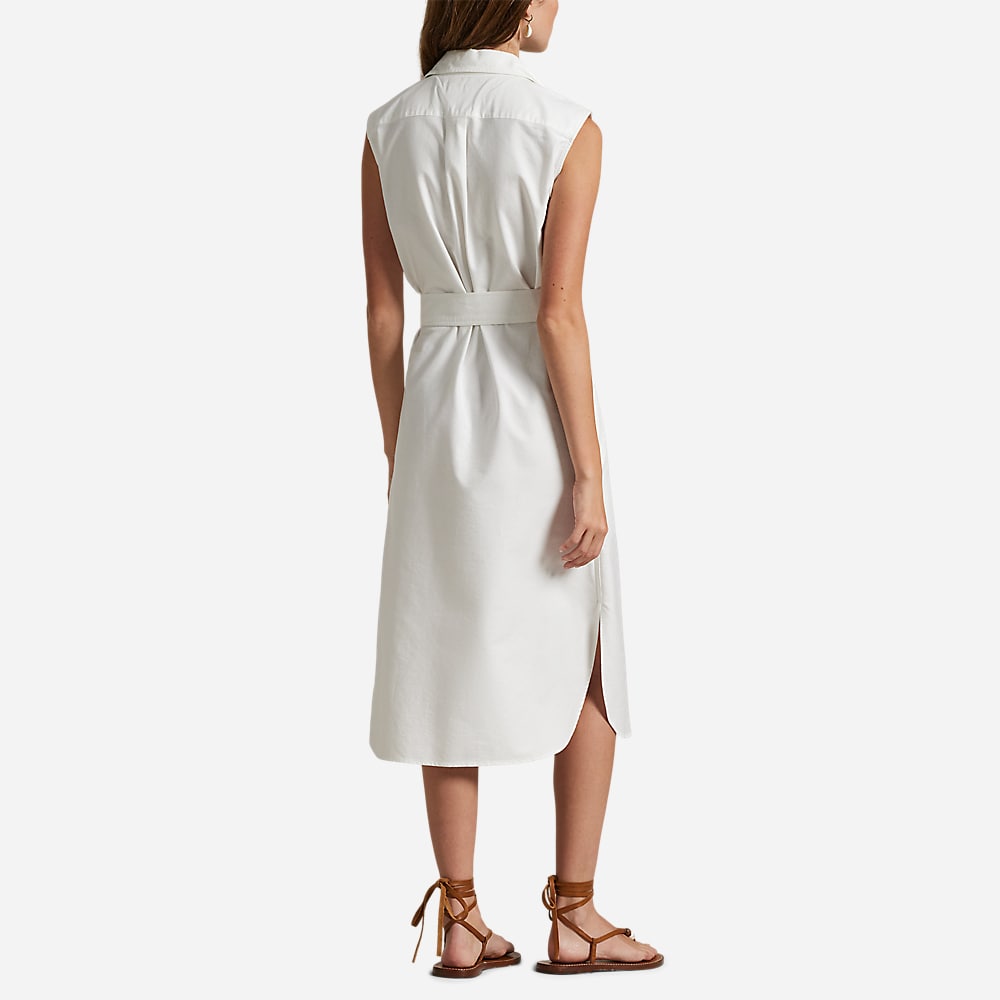 Belted Oxford Sleeveless Shirtdress - White