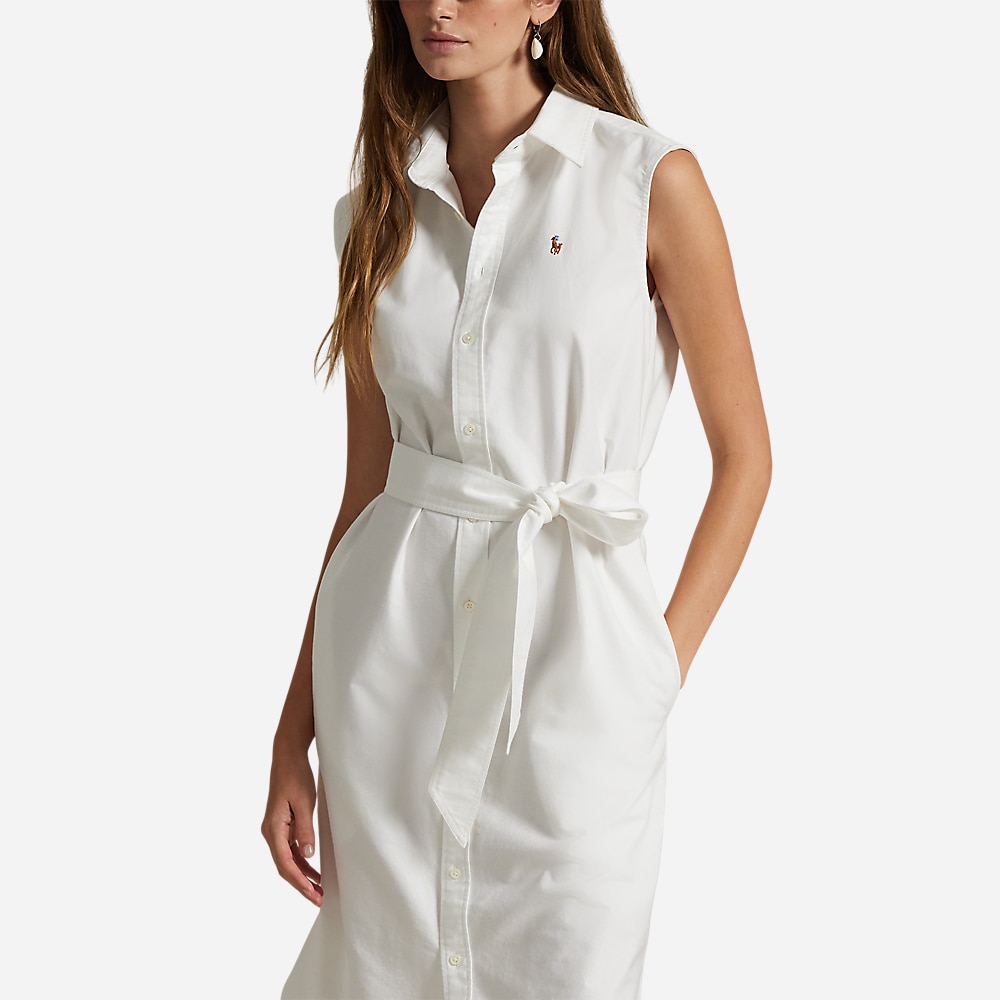 Belted Oxford Sleeveless Shirtdress - White