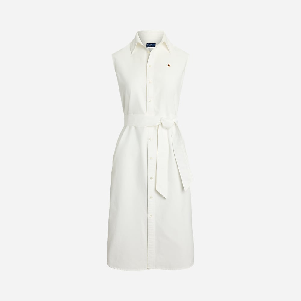 Belted Oxford Sleeveless Shirtdress - White