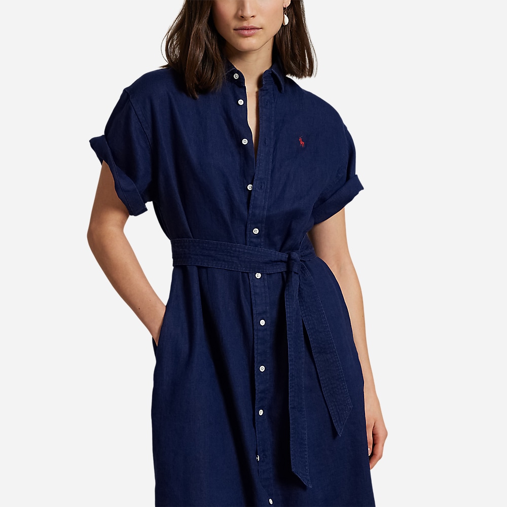 Linen Short-Sleeve Shirtdress - Newport Navy
