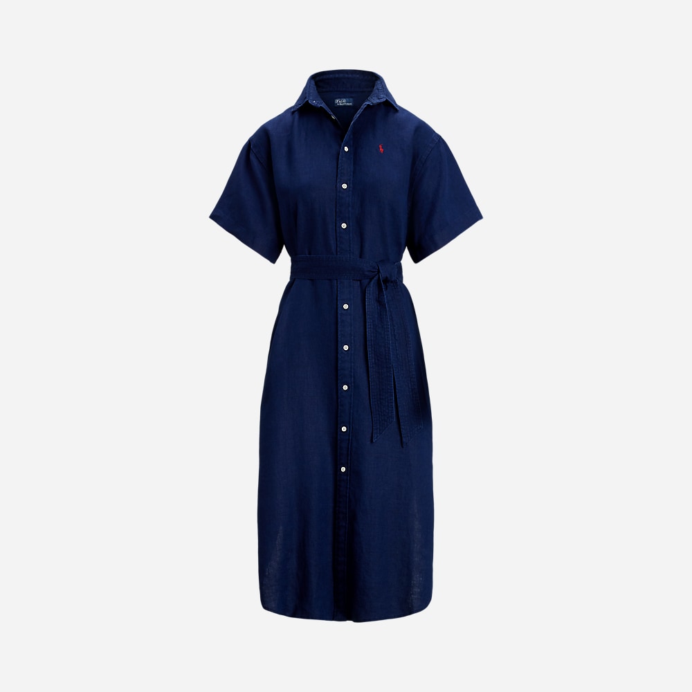 Linen Short-Sleeve Shirtdress - Newport Navy