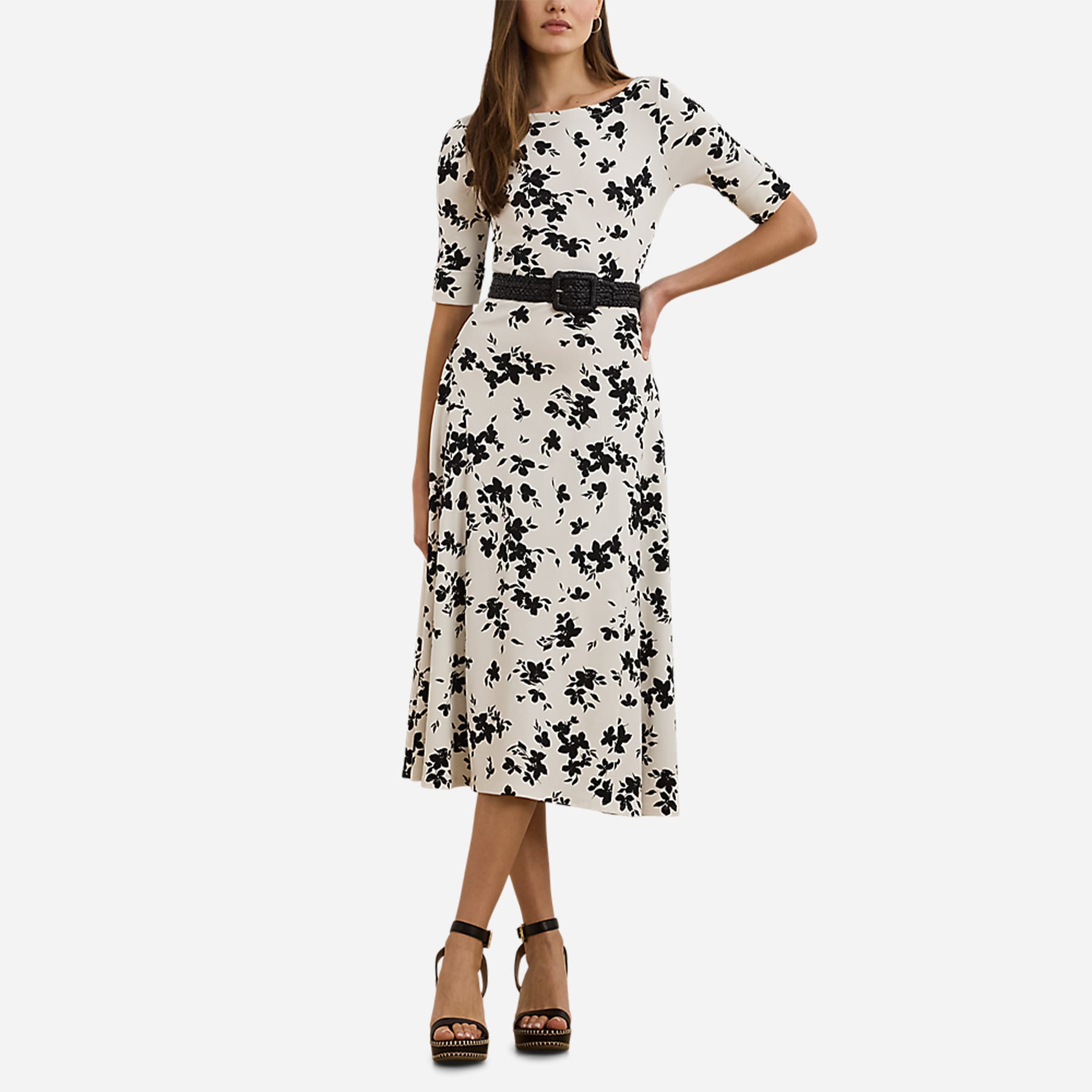 Floral Stretch Cotton Midi Dress - Cream/Black