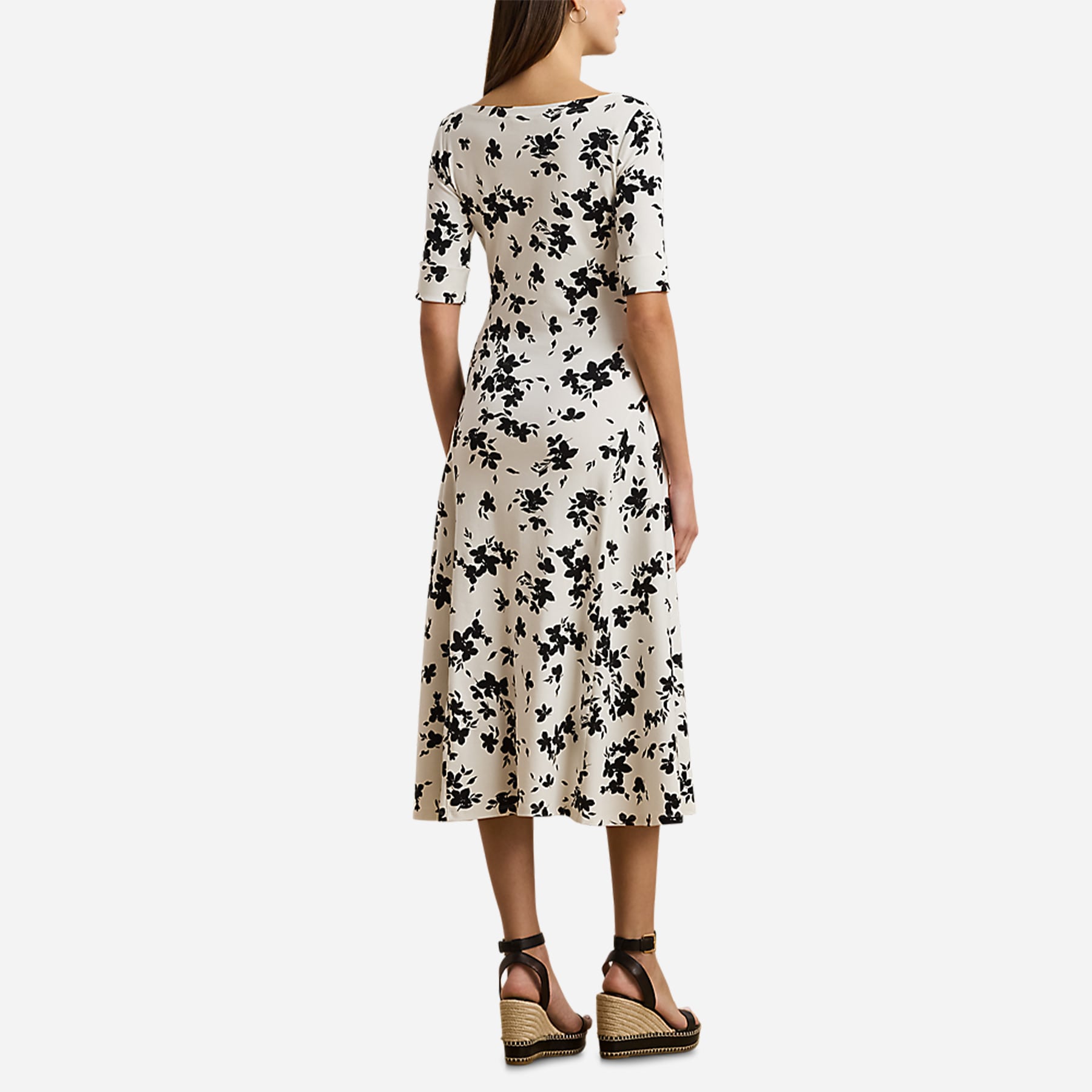 Floral Stretch Cotton Midi Dress - Cream/Black