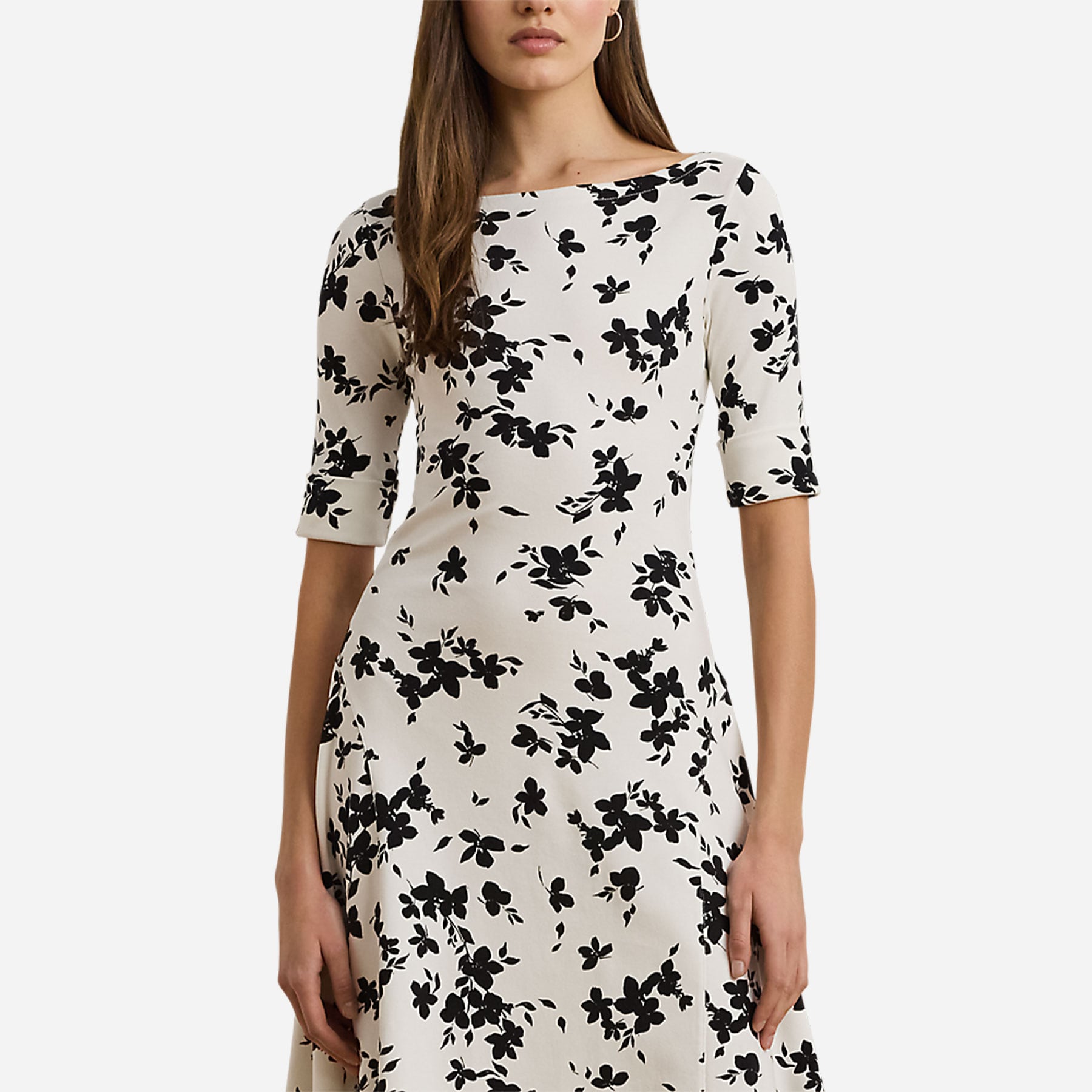 Floral Stretch Cotton Midi Dress - Cream/Black
