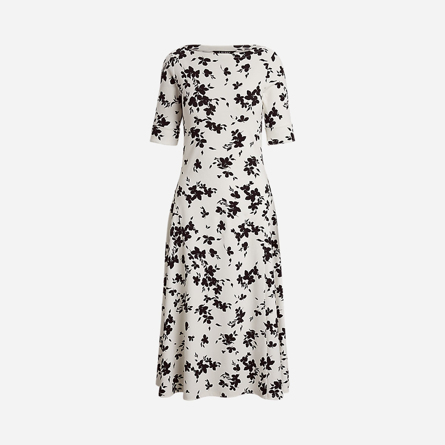 Floral Stretch Cotton Midi Dress - Cream/Black