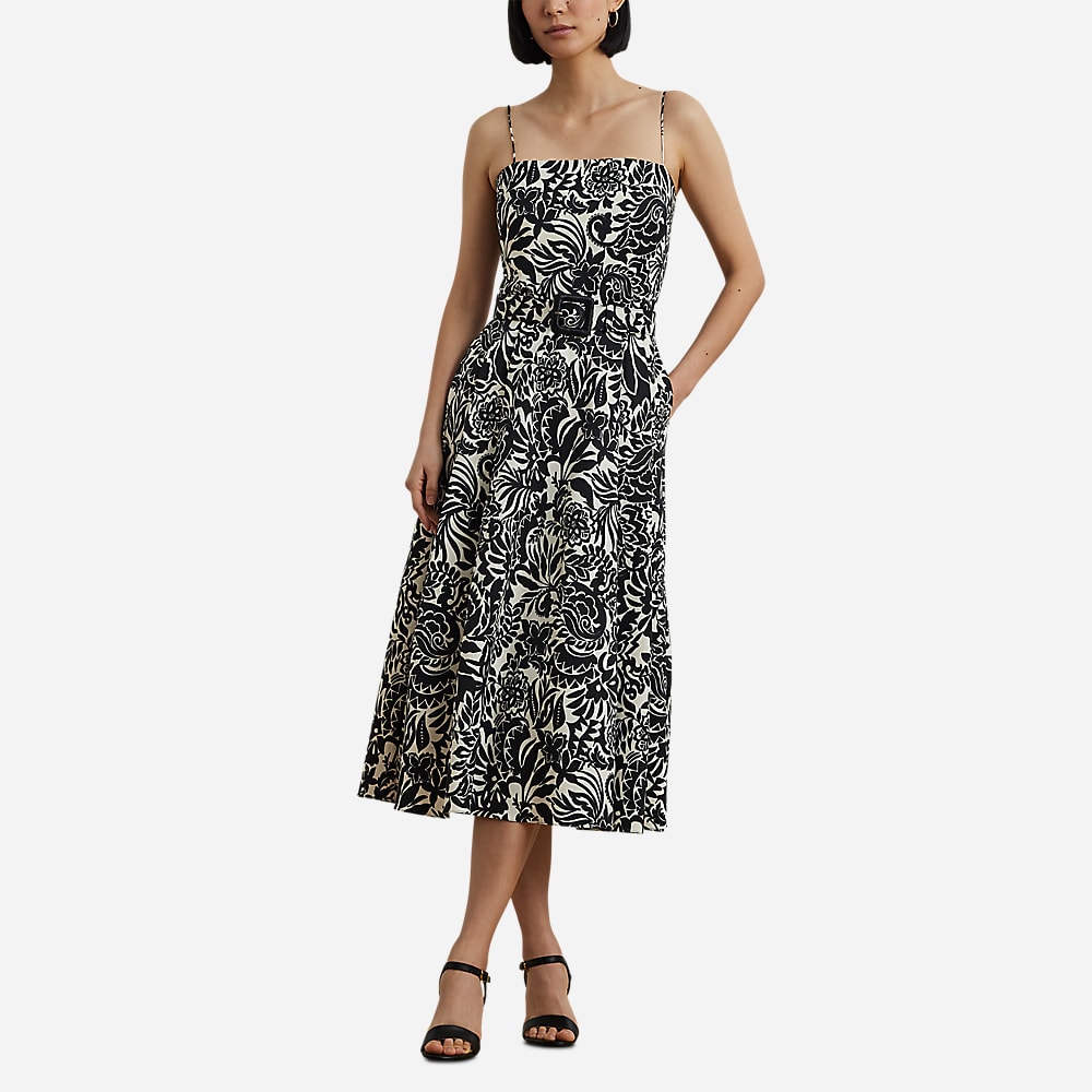 Floral Belted Faille Cocktail Dress - Cream/Black
